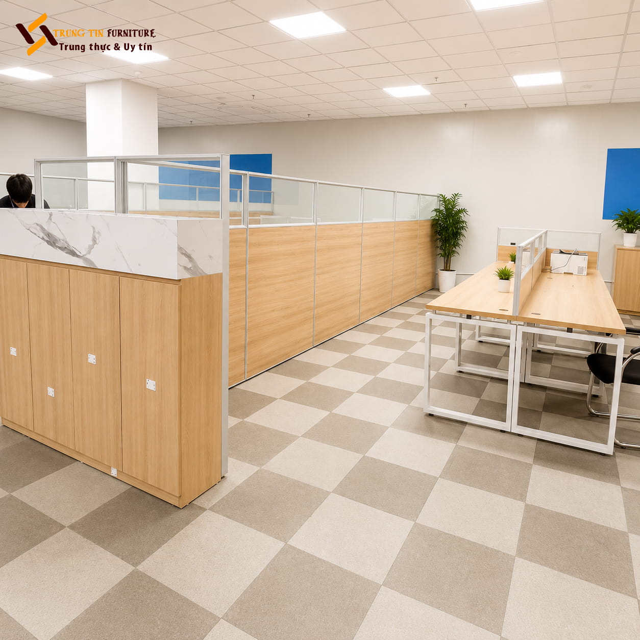 Vách ngăn gỗ kính kết hợp khung nhôm VACH-028 Vách ngăn gỗ kính kết hợp khung nhôm VACH-028