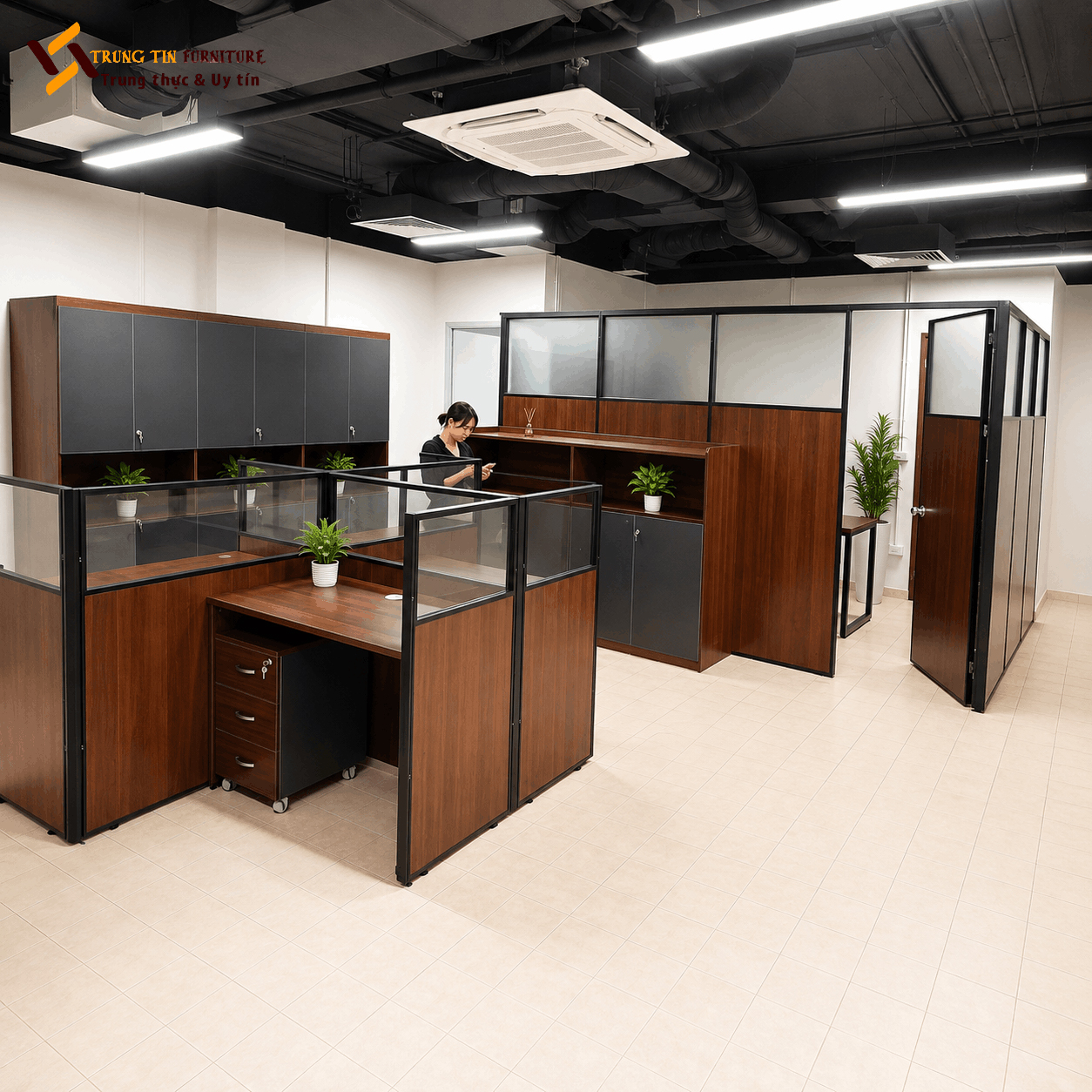 Vách ngăn gỗ công nghiệp kết hợp kính cường lực và khung nhôm – VACH-048 Vách ngăn gỗ công nghiệp kết hợp kính cường lực và khung nhôm – VACH-048